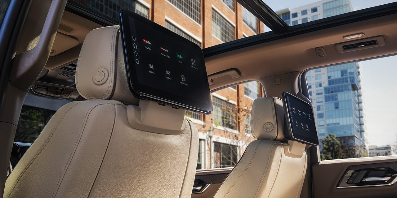 Close-up of the Rear Seat Media Form the Rear Seats in the 2026 GMC Yukon Denali Luxury 3 Row SUV
