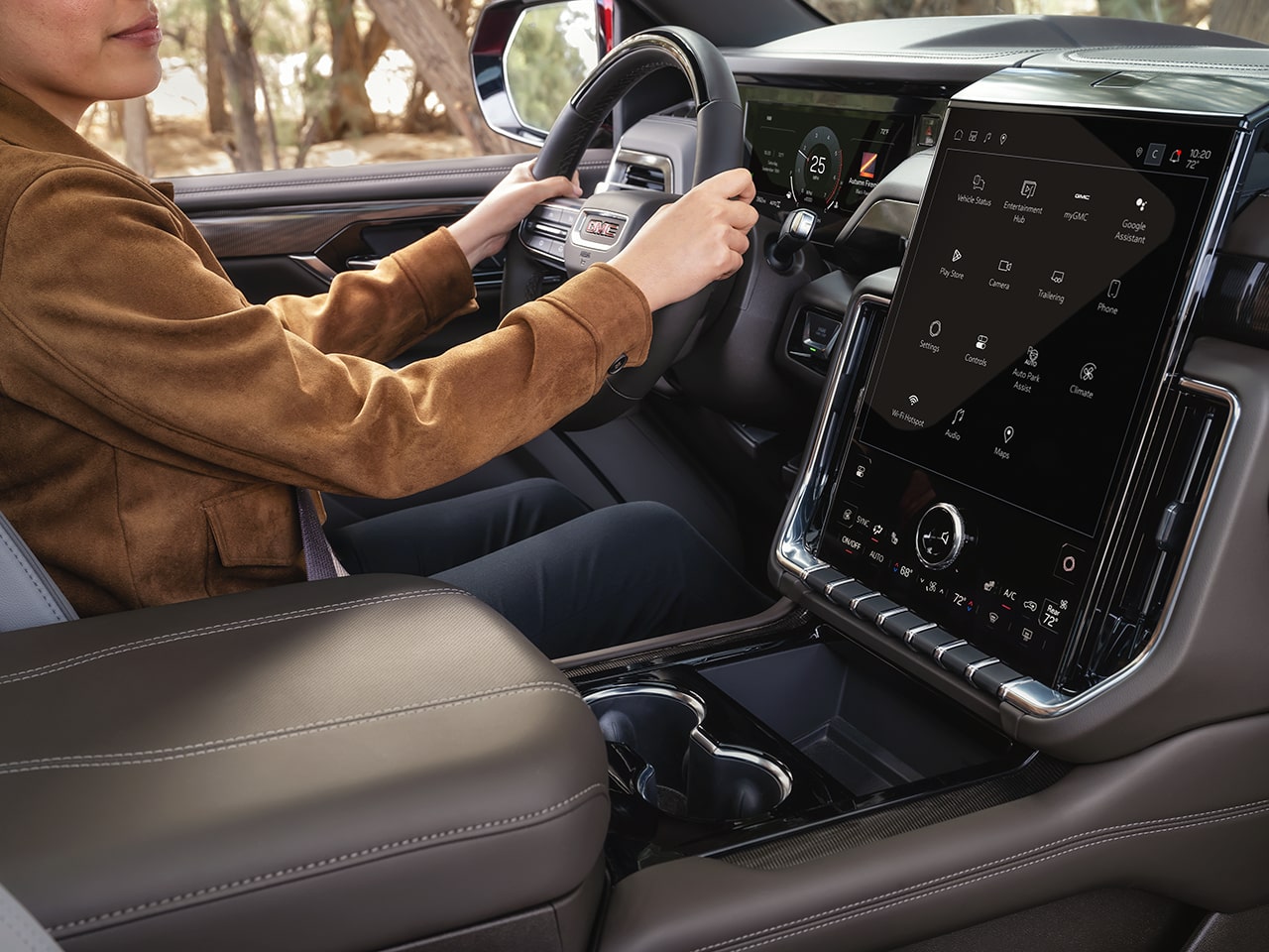 Interior View of the Steering Wheel, Dashboard, and Infotainment System in the 2026 GMC Yukon Full-Size SUV