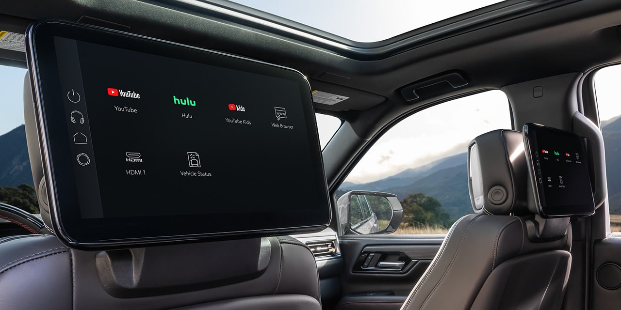 Close-up of the Entertainment Screens in the Rear Seats of the 2026 GMC Yukon Large SUV
