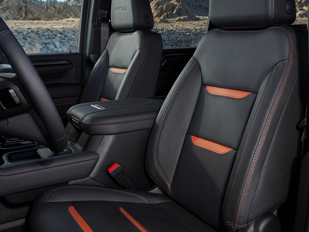 Interior View of Front Seats in a 2026 GMC Sierra HD AT4 Heavy Duty Off-Road Truck