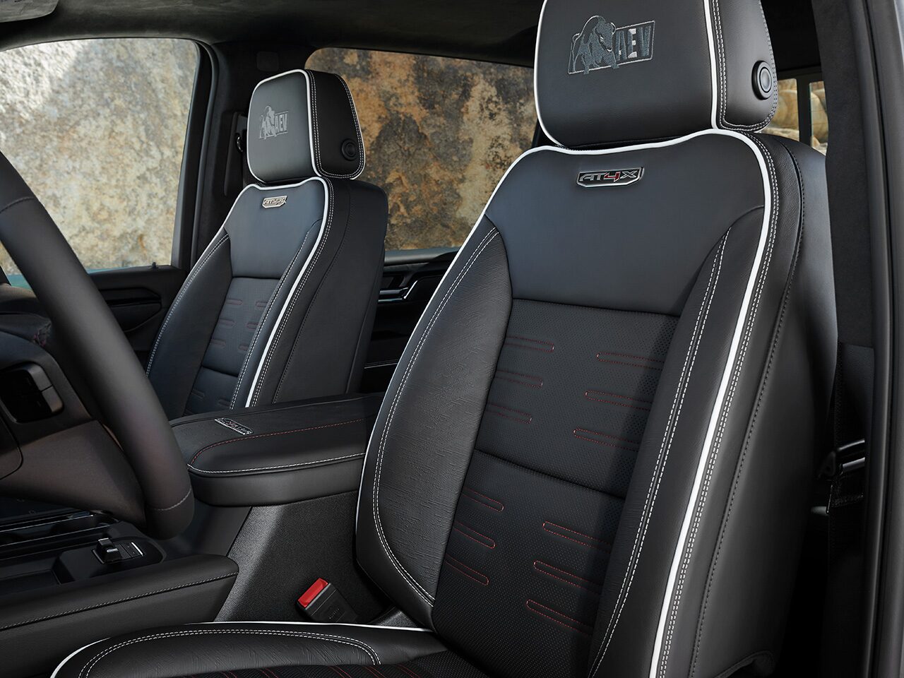 Interior View of Front Seats in a 2026 GMC Sierra HD AT4 Heavy Duty Off-Road Truck