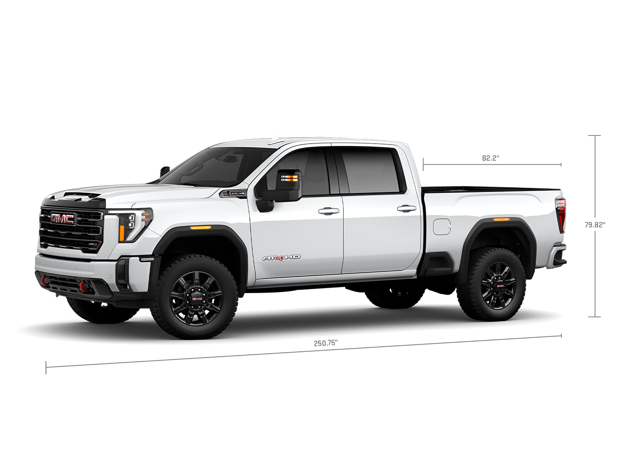 Profile View of the GMC 2026 Sierra 2500 HD AT4 Heavy Duty Off-Road Truck with Measurements for the Truck and Truck Bed