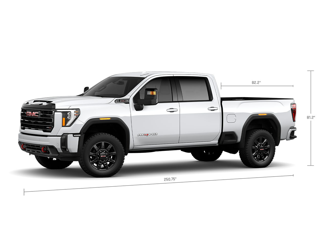 Profile View of the GMC 2026 Sierra 3500 HD AT4 Heavy Duty Off-Road Truck with Measurements for the Truck and Truck Bed