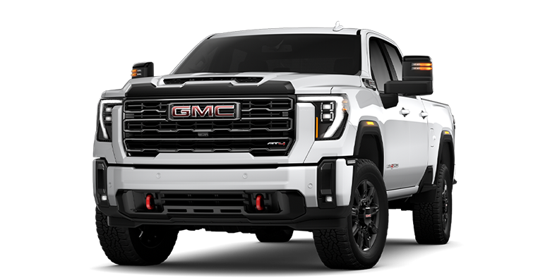 Front Three-Quarters View of the GMC 2026 Sierra HD AT4 Heavy Duty Off-Road Truck in the Color Summit White