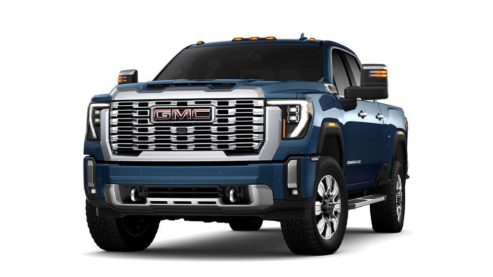 Front Three-Quarters View of the GMC 2026 Sierra HD Denali Luxury Truck in the Color Downpour Metallic
