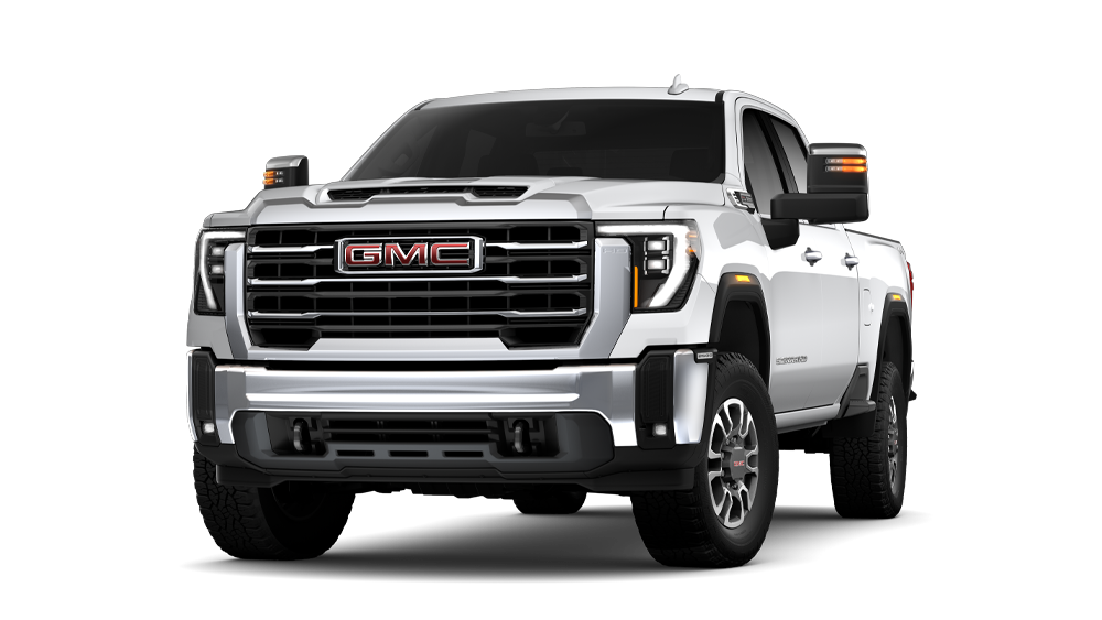 Front Three-Quarters View of the GMC 2026 Sierra HD SLT Heavy Duty Pickup Truck in the Color Summit White