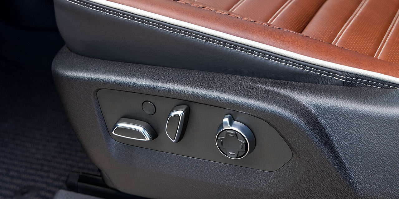 Close-up of the Seat Controls in a 2026 GMC Sierra HD Denali Luxury Truck
