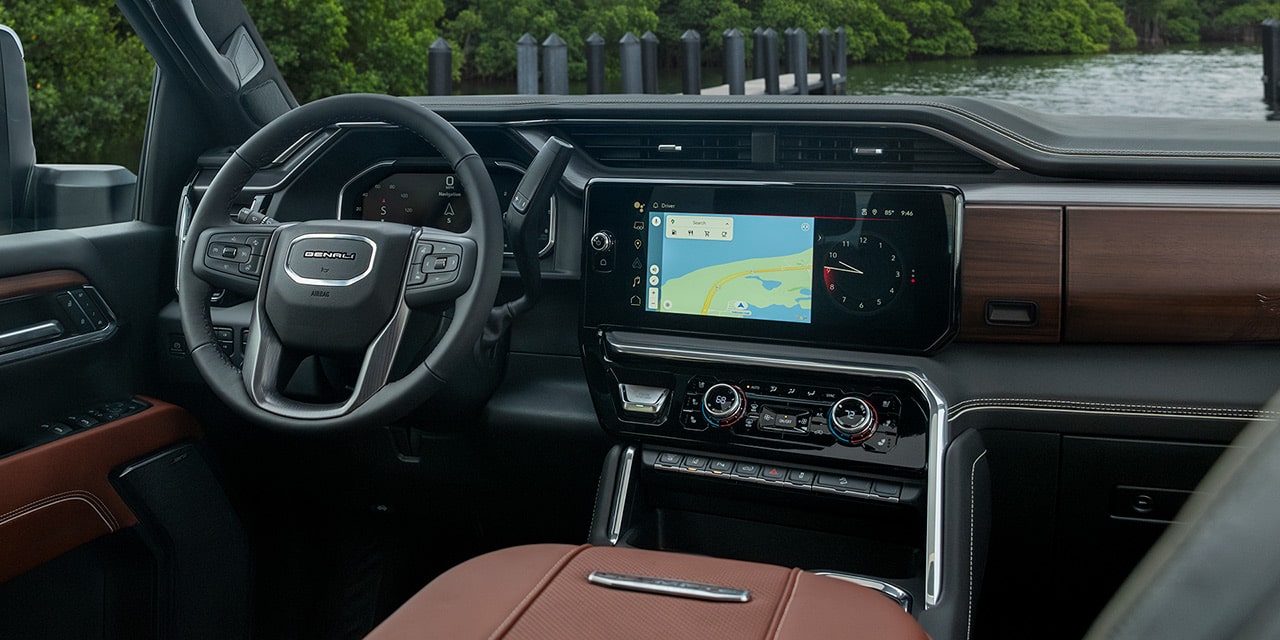 Passenger Seat View of the 2026 GMC Sierra HD Denali Front Row Interior and Dashboard