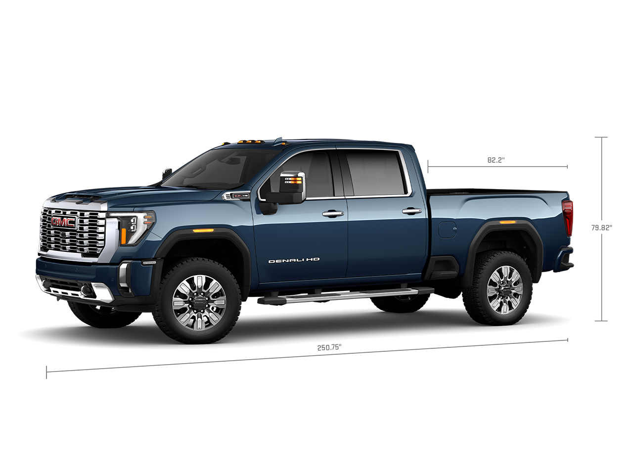Profile View of the GMC 2026 Sierra 2500 HD Denali Luxury Truck with Measurements for the Truck and Truck Bed