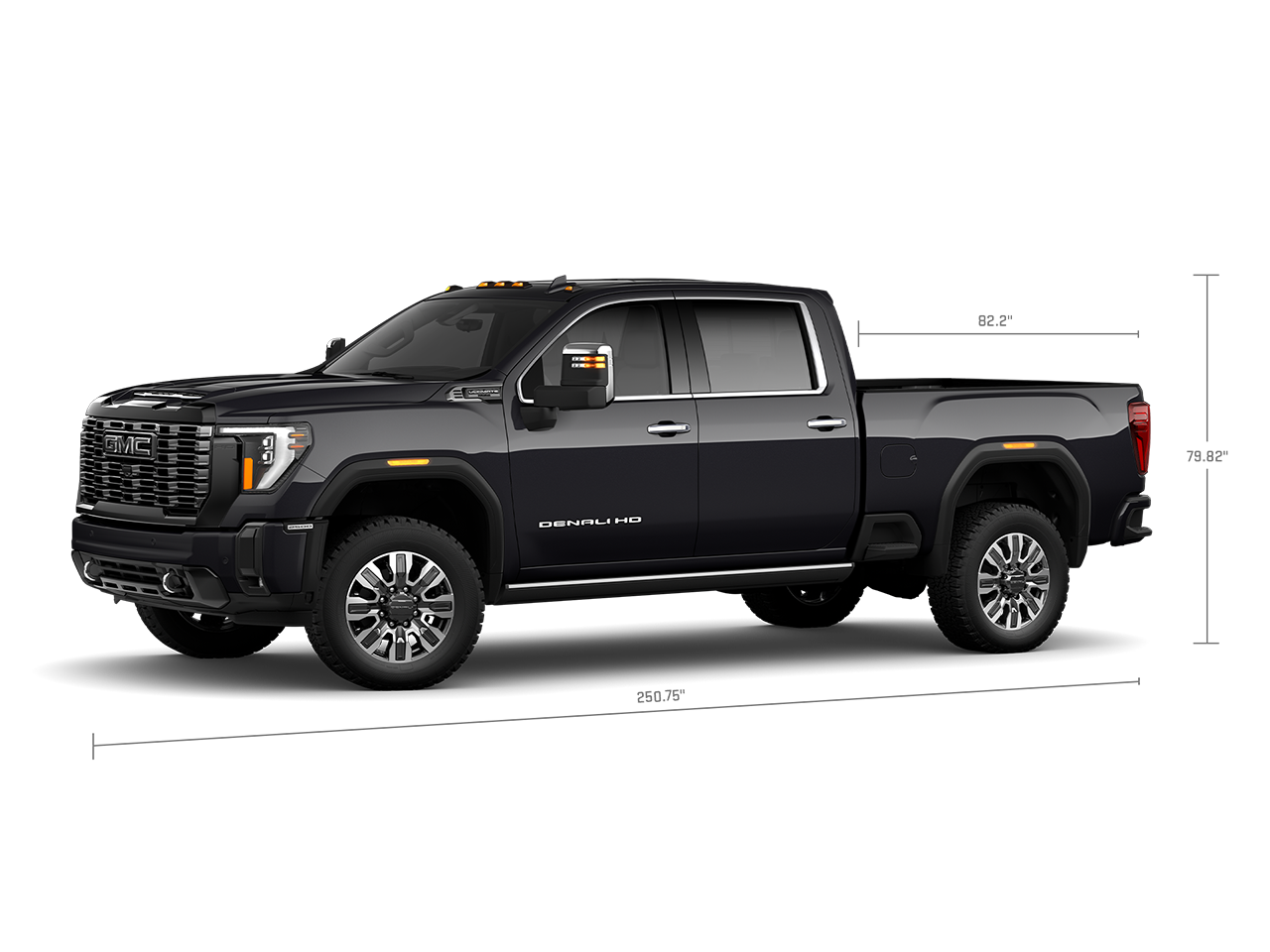 Profile View of the GMC 2026 Sierra 2500 HD Denali Ultimate Luxury Truck with Measurements for the Truck and Truck Bed