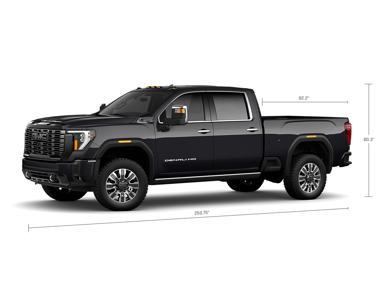 Profile View of the GMC 2026 Sierra 3500 HD Denali Ultimate Luxury Truck with Measurements for the Truck and Truck Bed