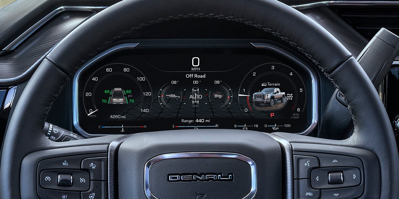 Close-up of the Digital Cockpit in a 2026 GMC Sierra HD Denali Luxury Truck
