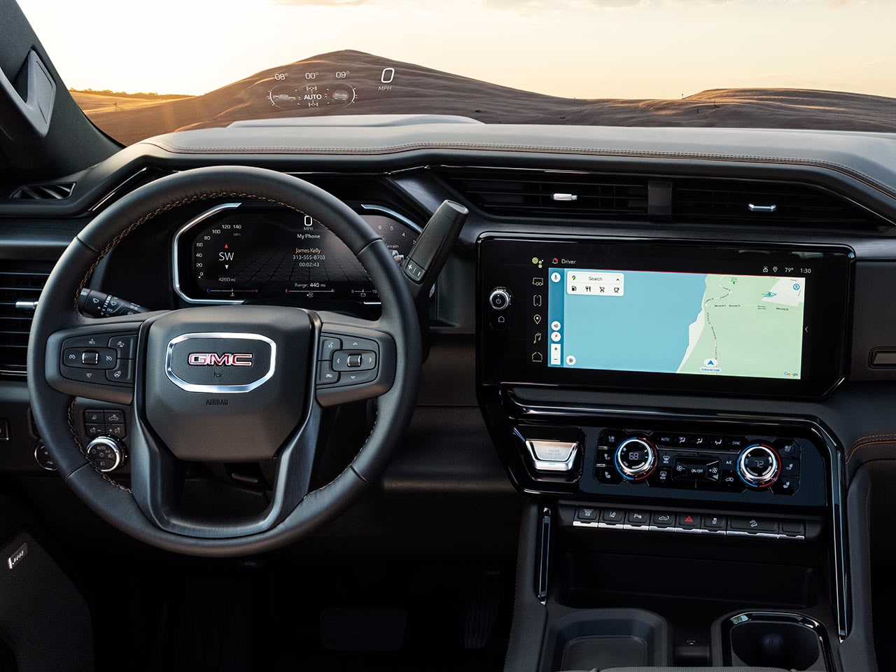 View of the Dashboard and the Navigation Feature Displayed on the Infotainment Screen in the 2026 GMC Sierra HD