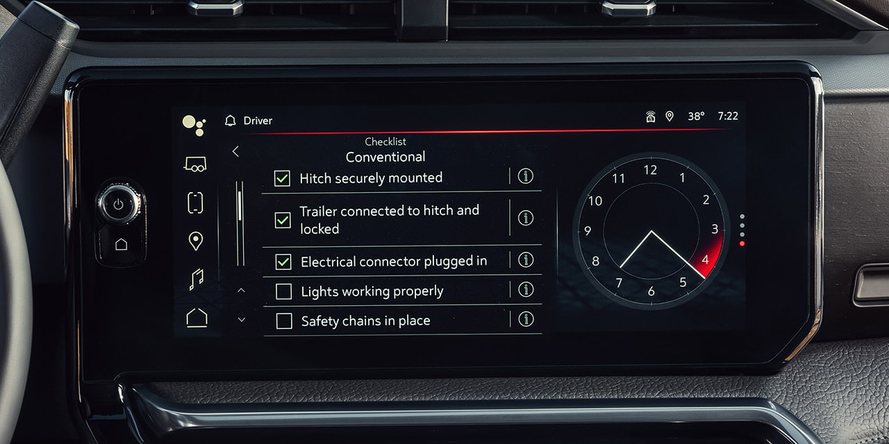 Close-up of the GMC Infotainment Screen in the GMC Sierra HD Heavy Duty Truck Displaying the Prograde Trailering Tech