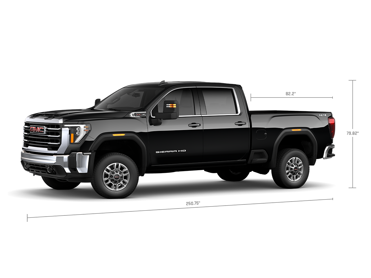 Profile View of the GMC 2026 Sierra HD Heavy Duty Truck with Measurements for the Truck and Truck Bed