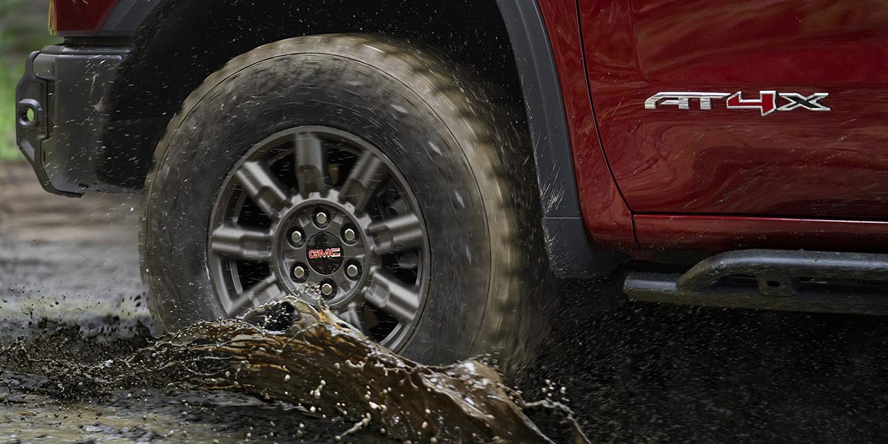 Close-up of the 33 Inch Mud Terrain Tires on the 2026 GMC Sierra AT4 Off-Road Truck