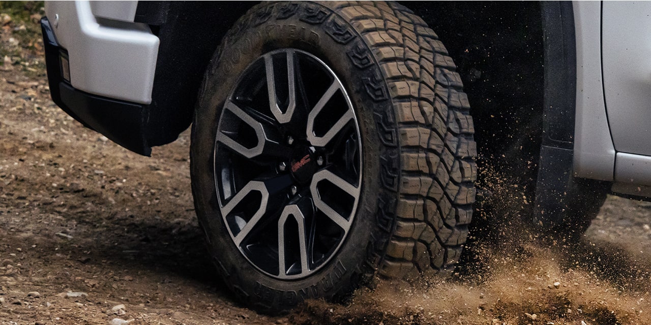 Close-up of the MT Tires on the 2026 GMC Sierra AT4 Off-Road Truck