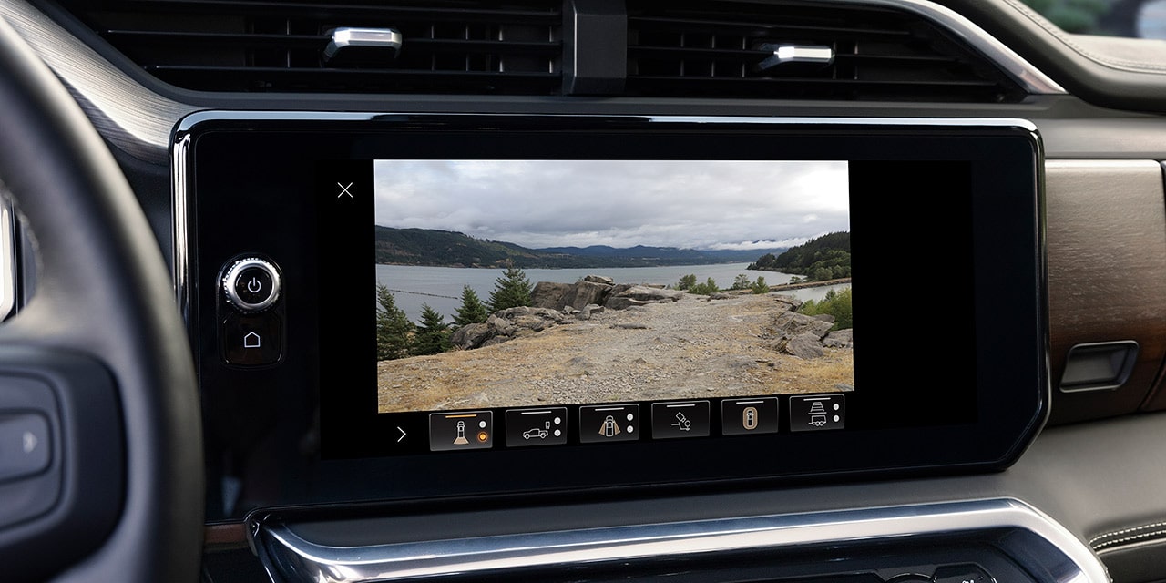 Close-up of the Infotainment Screen in the 2026 GMC Sierra Denali Luxury Pickup Truck Displaying one of the Camera Views