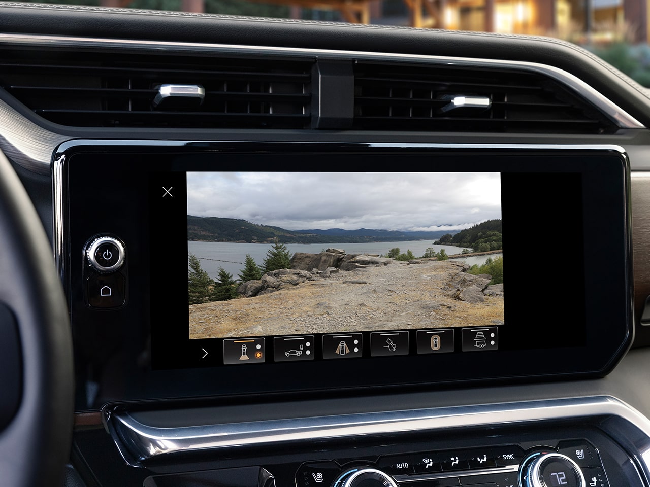 Close-up of the Infotainment Screen in the 2026 GMC Sierra 1500 Pickup Truck Displaying one of the Camera Views