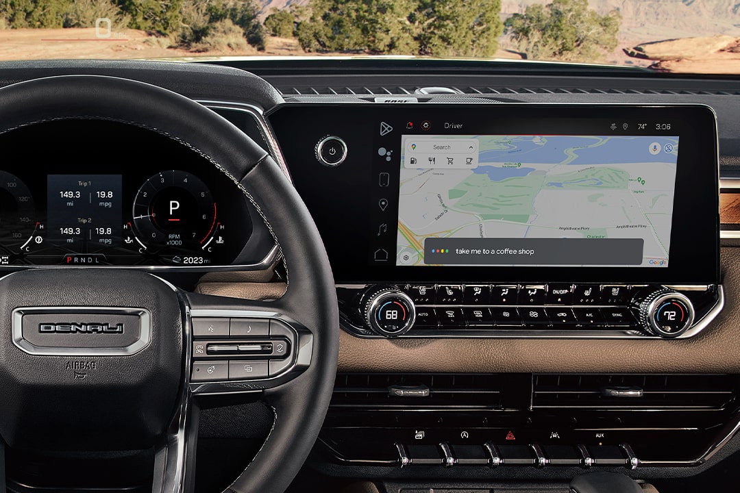 Close-up View of the Infotainment System in a GMC Vehicle With Maps Navigation in Use